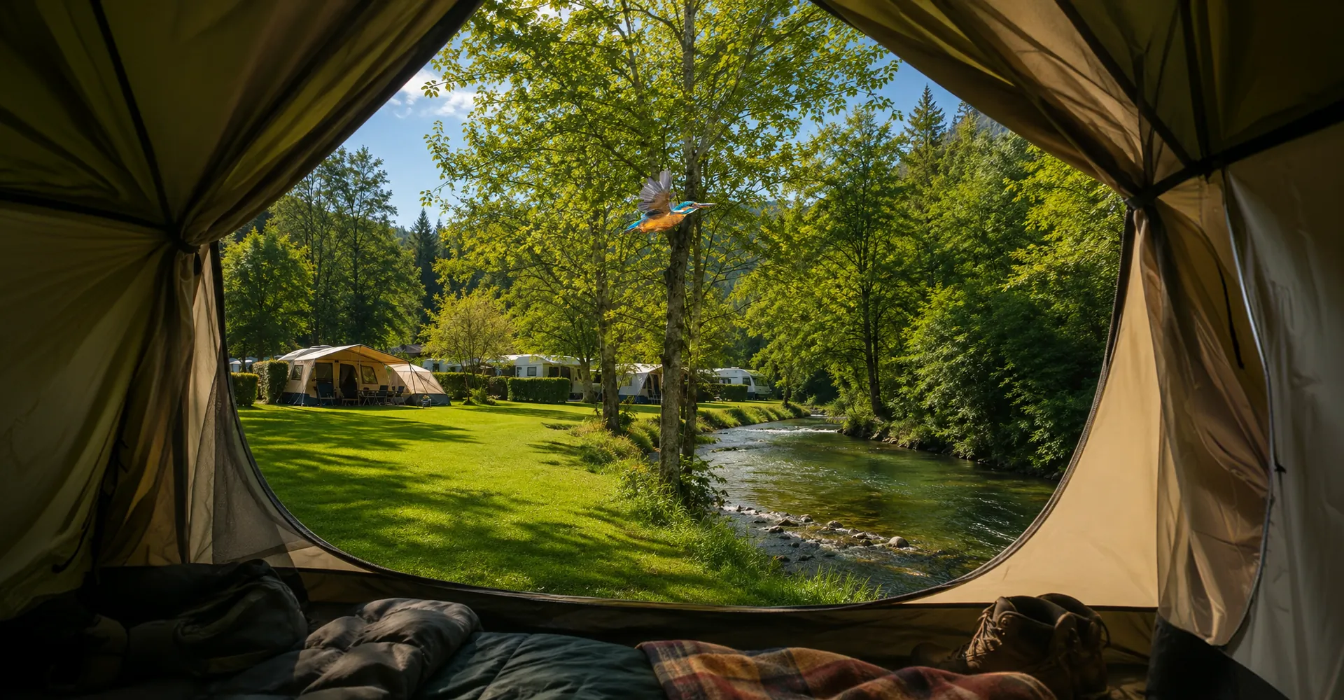Vue depuis une tente sur Camping La Lienne au bord de la rivière dans les Ardennes belges